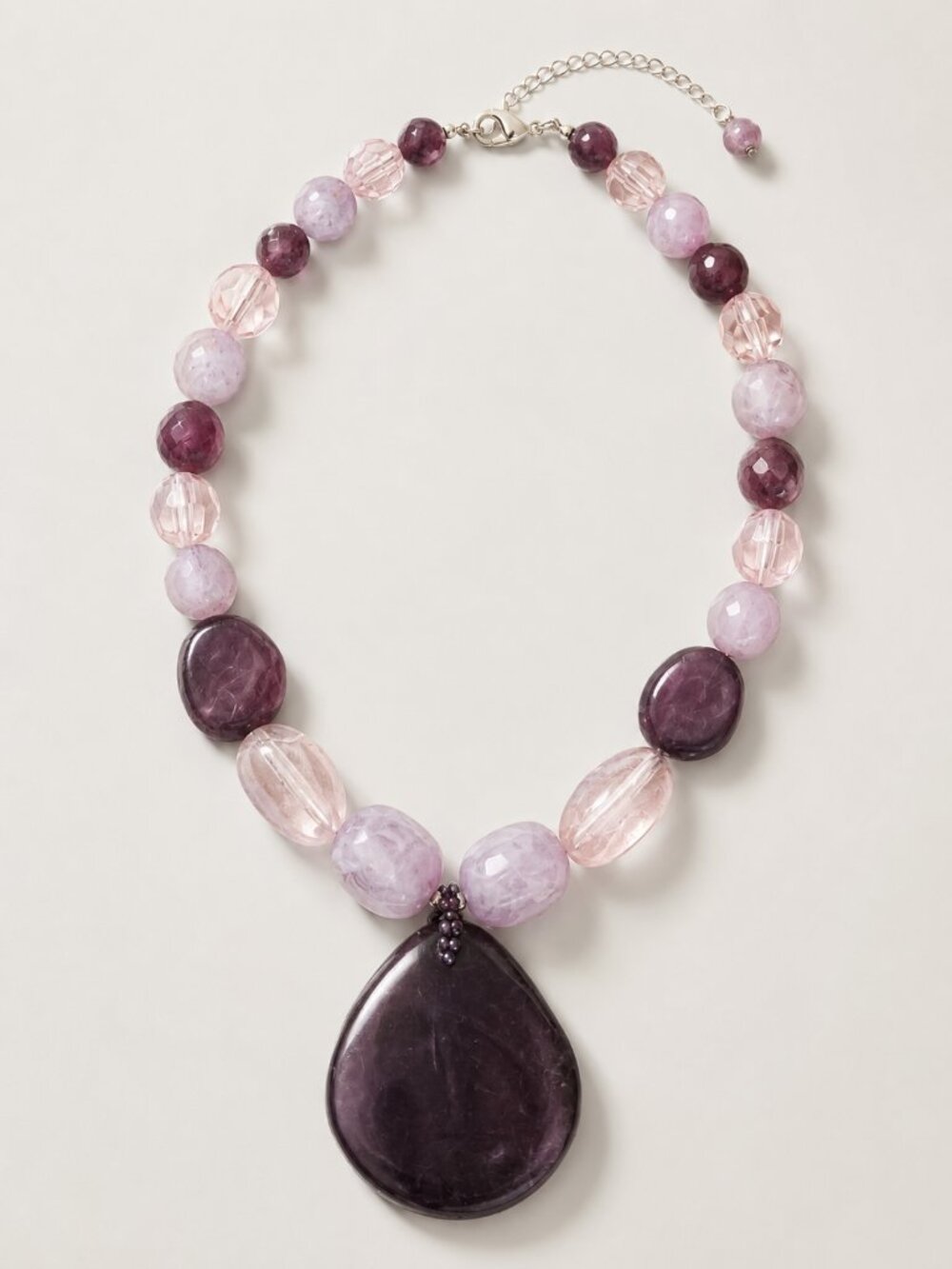Vintage Purple Pink Beaded Teardrop Pendant Chunky Statement Necklace Boho